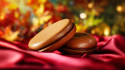 Traditional castanets resting on crimson silk, glowing with candlelight and autumn foliage behind.

