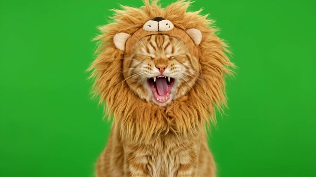 Grumpy Cat in Lion Mane Costume on Green Screen - A ginger cat wears a lion's mane costume, appearing grumpy and slightly annoyed.