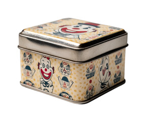 Vintage clown-themed tin box retro playful design isolated on transparent background, png