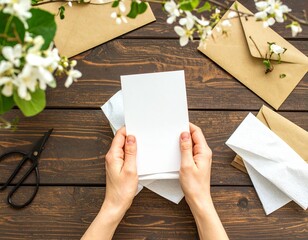 Top view of female hands holding a blank white card mockup with kraft envelopes and spring flowers on a wooden background.