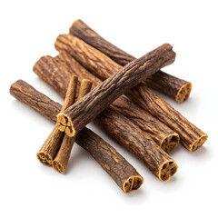 Dried licorice root pieces isolated on white background, showing their fibrous texture and sweet,