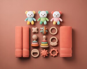 Flat Lay of Mixed Baby Toys on Muted Coral Background