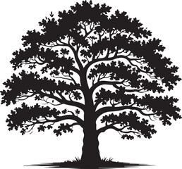 A detailed and lush silhouette of a large, full-grown tree with a thick canopy of leaves.