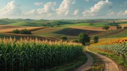 Golden Hour Serenity: Rolling Hills of Corn and Sunflowers Under a Cloudy Sky