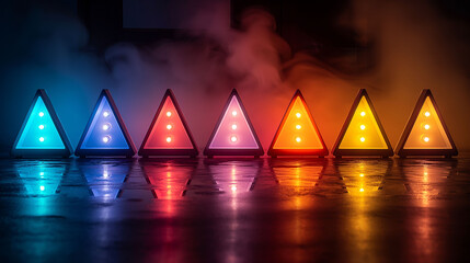 Illuminated Triangles Display: A captivating arrangement of sleek, triangular lights shines brightly, their colors reflecting across a dark, reflective surface.