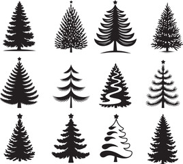 A set of six Christmas tree silhouettes in various detailed and stylized designs.