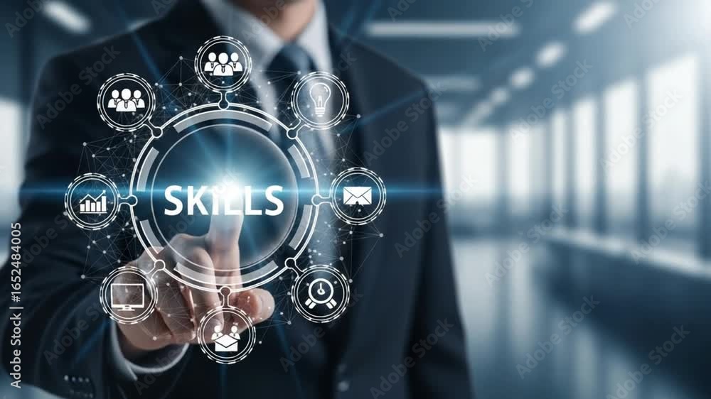 Poster a man in a suit touching a digital display with the word skills and various icons around it shown