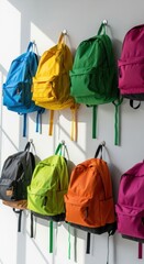 Vibrant backpacks hanging creatively on a wall, showcasing color diversity