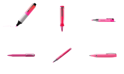 Assorted pink pens and highlighter isolated on a transparent background