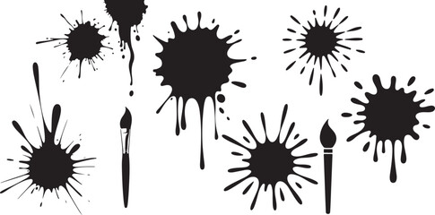 A set of stylized paint and ink splatters with a paintbrush, ideal for graphic design and artistic backgrounds.