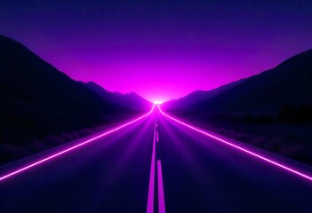Vibrant purple and orange lights illuminate a straight road toward dark blue horizon with stars. Small plane flies alongside. Dynamic motion, speed, travel, futuristic, urban adventure scene.