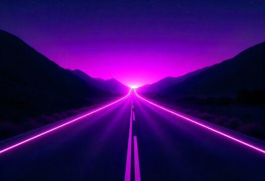 Vibrant purple and orange lights illuminate a straight road toward dark blue horizon with stars. Small plane flies alongside. Dynamic motion, speed, travel, futuristic, urban adventure scene.