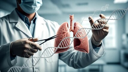 Doctor in lab coat holds scissors near lungs and dna strand with surgical mask on face in a medical setting - Powered by Adobe