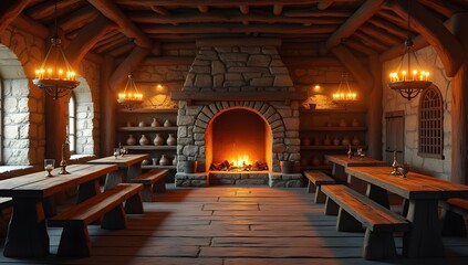 A warm and inviting scene of a traditional tavern or great hall. The architecture is sturdy and classic, with stone walls and a wooden floor, creating a cozy and communal space.