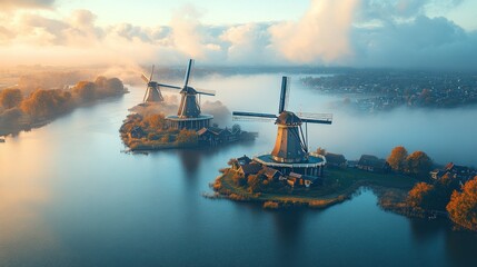 Obraz premium Misty morning view of Dutch windmills on islands