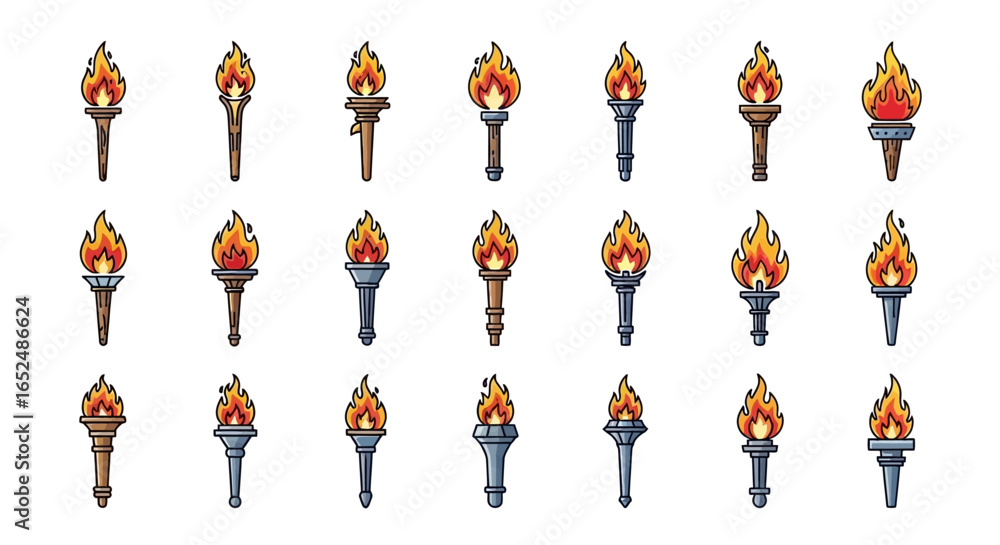 Poster vector icons set of ancient and modern flaming torches a colorful cartoon icon collection. vector il