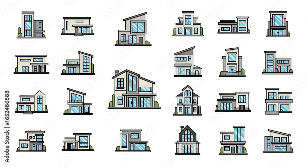 Poster vector icons set of architectural diversity a vector icon set of modern houses in a clean flat line 