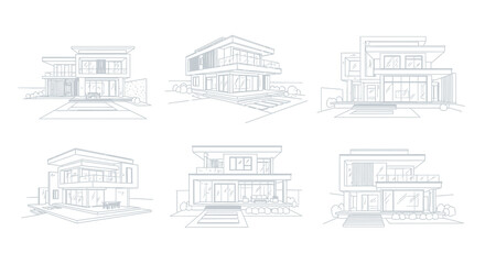 Vector Icons Set of Architectural Blueprints A Set of Six Modern Villa Designs in Clean Line Art Style. Vector Illustrations. EPS Editable