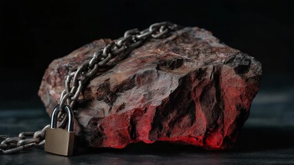 A rock with a chain and a lock on it. The lock is gold and the chain is silver. Dramatic conceptual of rare earth mineral chunk wrapped with heavy chain and padlock, export ban, dark muted tones