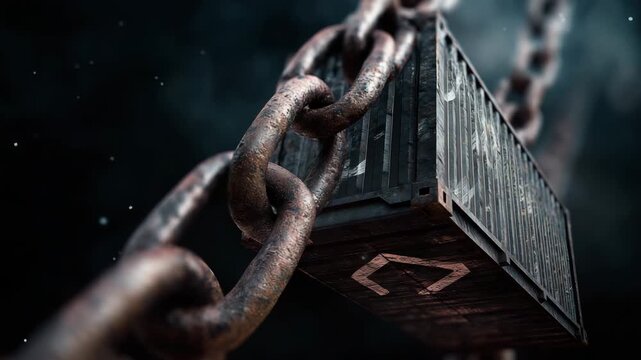 A chain is hanging from a box. The chain is rusty and the box is black. Dramatic gritty of broken chain with shipping container icon dropping, supply chain disruption, muted metallic tones