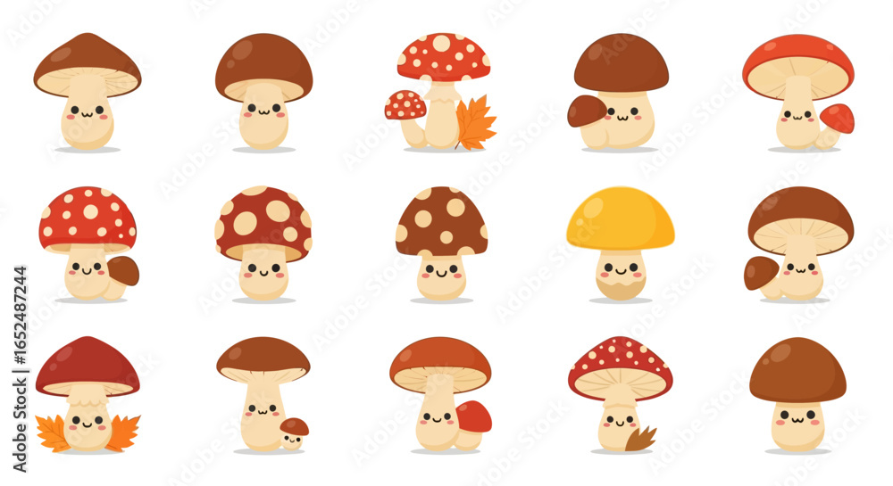 Poster vector icons set of charming collection of cute kawaii mushroom characters with smiling faces and au