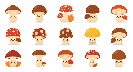 Vector Icons Set of Charming Collection of Cute Kawaii Mushroom Characters with Smiling Faces and Autumn Leaves. Vector Illustrations. EPS Editable
