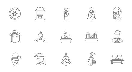 Vector Icons Set of Christmas Icons Santa Tree Gifts and Winter Scenes in a Minimalist Line Art Style. Vector Illustrations. EPS Editable