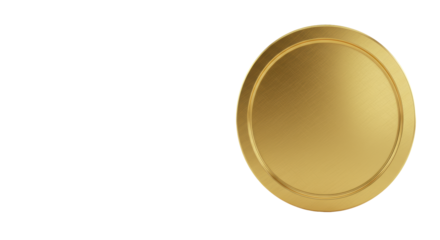 A pristine, perfectly circular golden emblem with a brushed metallic texture and beveled edge, isolated on a transparent background with copy space, concept of achievement and premium quality