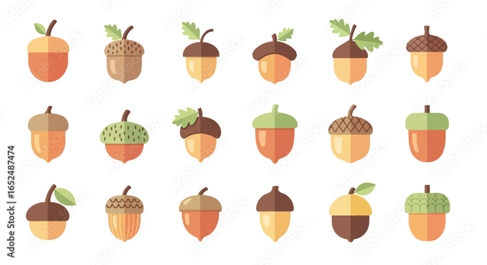 Poster vector icons set of colorful assortment of stylized acorn icons in a modern flat design style. vecto