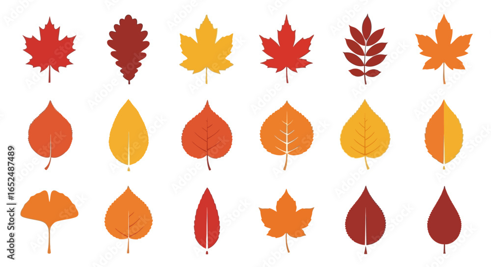 Poster vector icons set of colorful autumn leaf collection a stylized vector set of diverse foliage icons. 