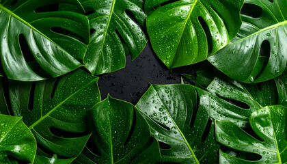 Fototapeta premium Fresh, vibrant monstera leaves arranged on a dark surface, showcasing intricate patterns and water droplets.