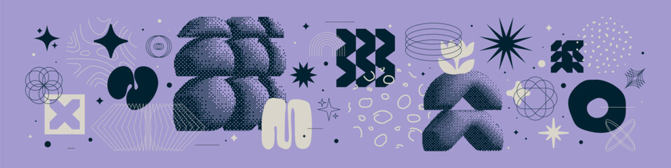 Collection of Universal trendy geometric bright bold shapes, minimalistic bizarre and brutalism abstract elements, Vector y2k aesthetic graphic assets, brutal and dithering symbols set 2