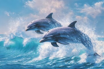  dolphins leap over waves under blue sky