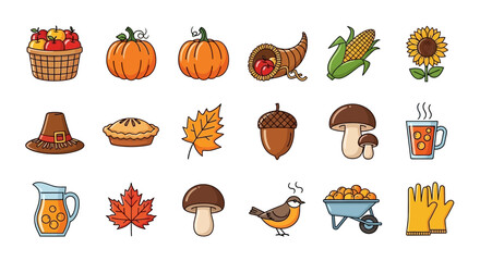 Vector Icons Set of Colorful Autumn and Thanksgiving Icon Set with Harvest Symbols. Vector Illustrations. EPS Editable