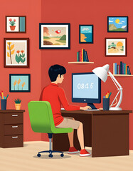 A person works on a computer in a colorful, decorated room, with art on the walls.