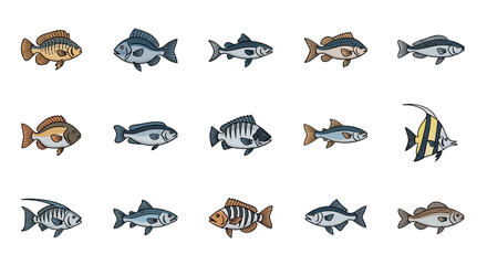 Vector Icons Set of Colorful Cartoon Fish Collection Diverse Species Illustrated with Bold Outlines. Vector Illustrations. EPS Editable