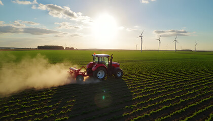 Tractor plowing a green field with windmills under the beautiful sunset, promoting sustainable farming