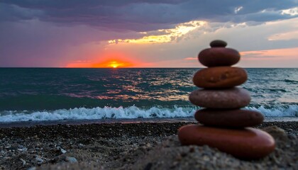 Fototapeta premium A serene beach scene at sunset, featuring a balanced stack of stones and a vibrant sky.