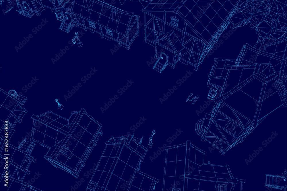 Aufkleber a medieval house blueprint on a blue background displays intricate architectural details in wirefram