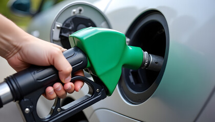 Refueling a vehicle at the gas station, a green nozzle dispensing fuel into the tank.