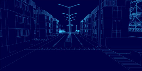 3D blueprint of a city street at night with illuminated wireframe buildings, poles, and streetlights against a dark background. The digital grid design highlights urban infrastructure with glowing.