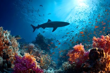 Fototapeta premium Shark swims above vibrant coral reef.