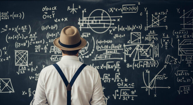 Contemplative academic in front of a chalkboard covered with complex mathematical equations