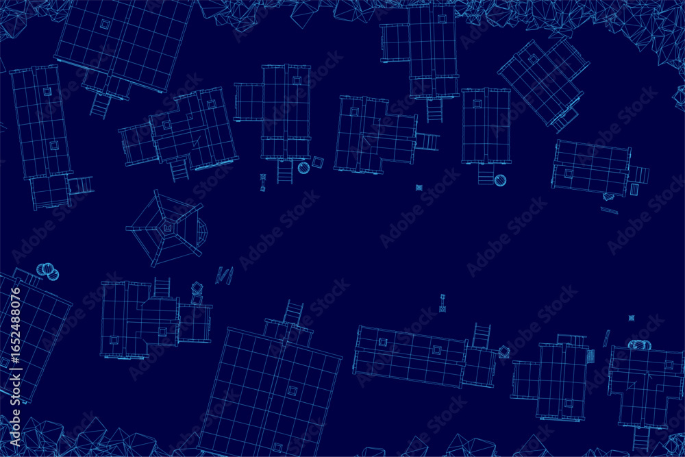 Poster a detailed medieval building blueprint displayed on a blue background, featuring intricate wireframe