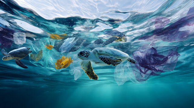 Plastic pollution in the ocean is an environmental problem. Turtles may eat plastic bags, mistaking them for jellyfish. A global problem, a threat to ocean wildlife and calling for urgent action  - Powered by Adobe