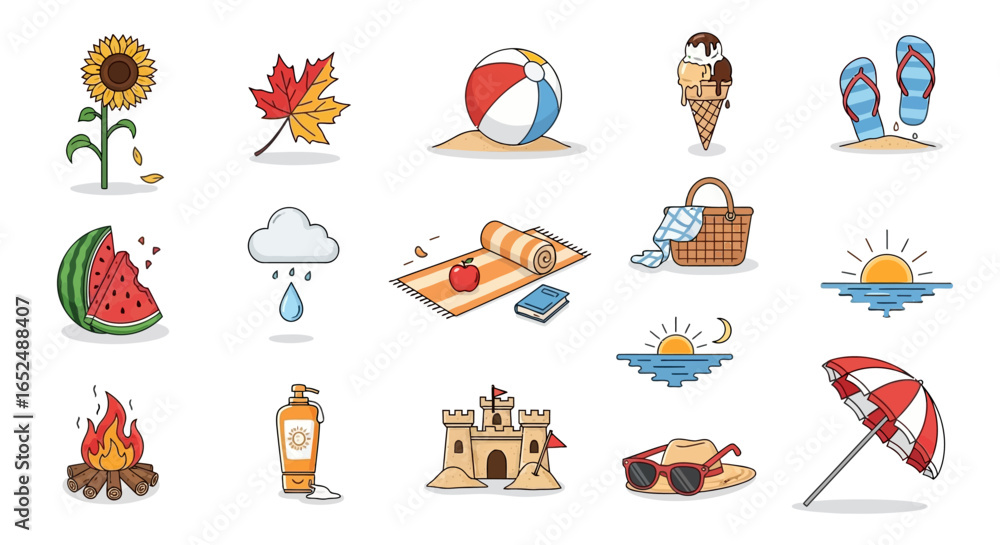 Poster vector icons set of colorful vector icon set illustrating four seasons activities and elements. vect