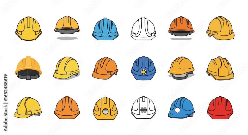 Poster vector icons set of colorful vector set of construction hard hats in various styles and angles. vect