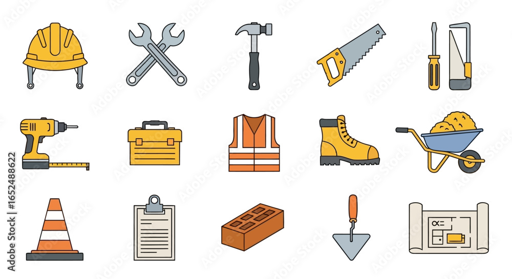 Poster vector icons set of comprehensive construction and building tools a colorful flat line icon set. vec