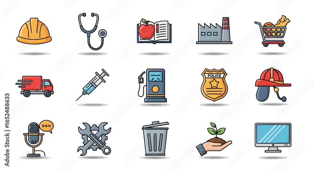 Poster vector icons set of comprehensive icon set of essential worker professions and public services. vect