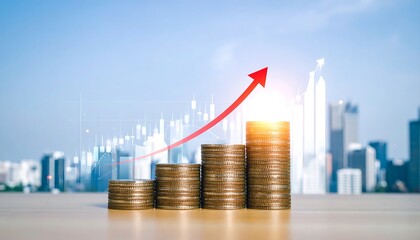 Stacked coins, upward trend. City skyline blurred background